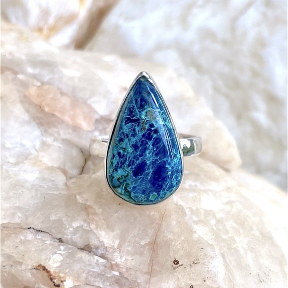 Azurite and Chrysocolla teardrop cabochon 925 sterling silver ring size 8, NWT - Picture 4 of 7